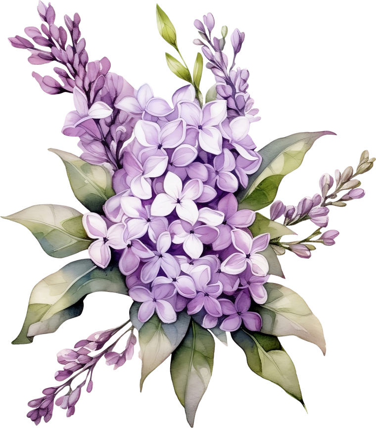 Lilac Bouquet Watercolor and Leaves, Purple Florals Clipart